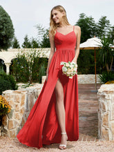 Spaghetti Straps V-neck Chiffon Dress With Slit Red