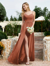 Spaghetti Straps V-neck Chiffon Dress With Slit Rust