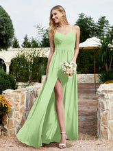 Spaghetti Straps V-neck Chiffon Dress With Slit Sage