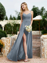 Spaghetti Straps V-neck Chiffon Dress With Slit Slate Blue