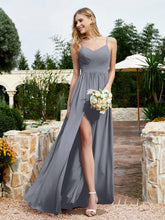 Spaghetti Straps V-neck Chiffon Dress With Slit Steel Grey
