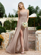 Spaghetti Straps V-neck Chiffon Dress With Slit Taupe