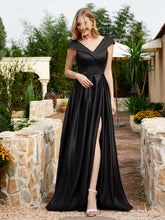 Cap Sleeve V-neck Satin Dress With Pocket Black
