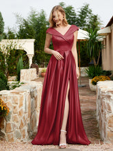 Cap Sleeve V-neck Satin Dress With Pocket Burgundy