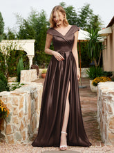 Cap Sleeve V-neck Satin Dress With Pocket Chocolate