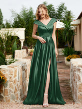 Cap Sleeve V-neck Satin Dress With Pocket Dark Green