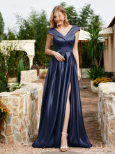 Cap Sleeve V-neck Satin Dress With Pocket Dark Navy