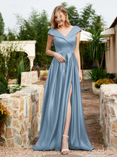 Cap Sleeve V-neck Satin Dress With Pocket Dusty Blue