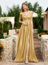 Cap Sleeve V-neck Satin Dress With Pocket Gold