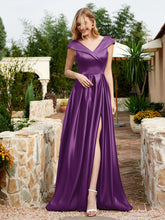 Cap Sleeve V-neck Satin Dress With Pocket Grape