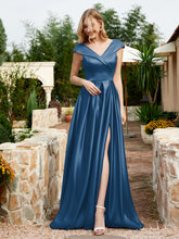 Cap Sleeve V-neck Satin Dress With Pocket Ink Blue