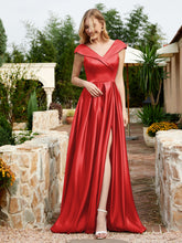 Cap Sleeve V-neck Satin Dress With Pocket Red