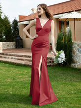Plunging V-Neck Satin Dress With Slit Burgundy