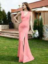 Plunging V-Neck Satin Dress With Slit Flamingo
