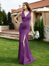 Plunging V-Neck Satin Dress With Slit Grape