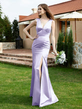 Plunging V-Neck Satin Dress With Slit Lavender