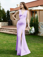 Plunging V-Neck Satin Dress With Slit Lilac