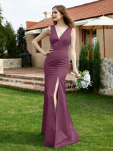 Plunging V-Neck Satin Dress With Slit Mulberry