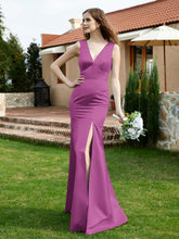 Plunging V-Neck Satin Dress With Slit Orchid