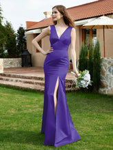 Plunging V-Neck Satin Dress With Slit Regency