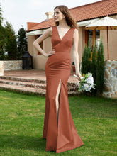 Plunging V-Neck Satin Dress With Slit Rust