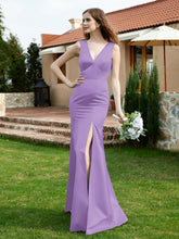 Plunging V-Neck Satin Dress With Slit Tahiti