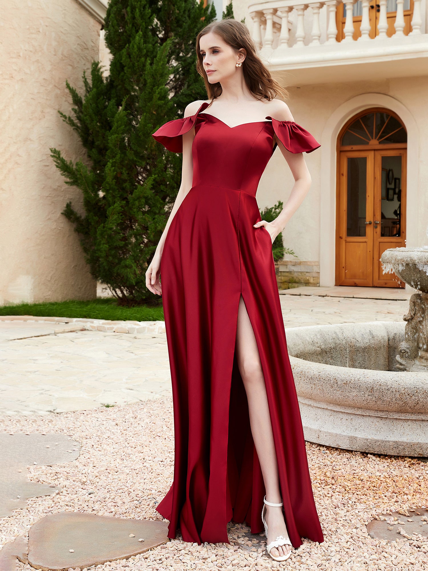 BABARONI Satin Burgundy Bridesmaid Dresses A-line Off-the-shoulder Floor-length Flutter Sleeves BABARONI UK BABARONI Satin Burgundy Bridesmaid Dresses A-line Off-the-shoulder Floor-length Flutter Sleeves BABARONI UK