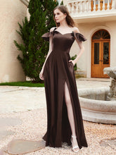 Off Shoulder Flutter Sleeves Satin Dress With Pocket Chocolate