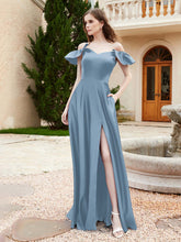 Off Shoulder Flutter Sleeves Satin Dress With Pocket Dusty Blue