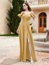 Off Shoulder Flutter Sleeves Satin Dress With Pocket Gold