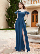 Off Shoulder Flutter Sleeves Satin Dress With Pocket Ink Blue