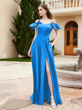 Off Shoulder Flutter Sleeves Satin Dress With Pocket Ocean Blue