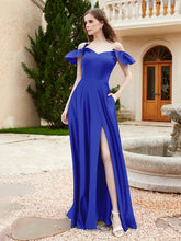 Off Shoulder Flutter Sleeves Satin Dress With Pocket Royal Blue