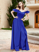 Off Shoulder Flutter Sleeves Satin Dress With Pocket Royal Blue