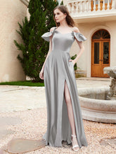 Off Shoulder Flutter Sleeves Satin Dress With Pocket Silver