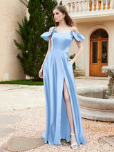 Off Shoulder Flutter Sleeves Satin Dress With Pocket Sky Blue