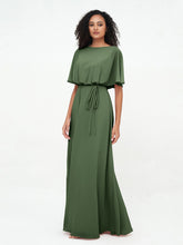 Warp Bodic Chiffon Long Dresses with Sash Bow Olive Green
