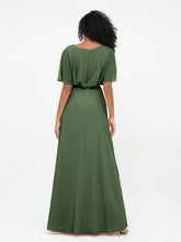 Warp Bodic Chiffon Long Dresses with Sash Bow Olive Green