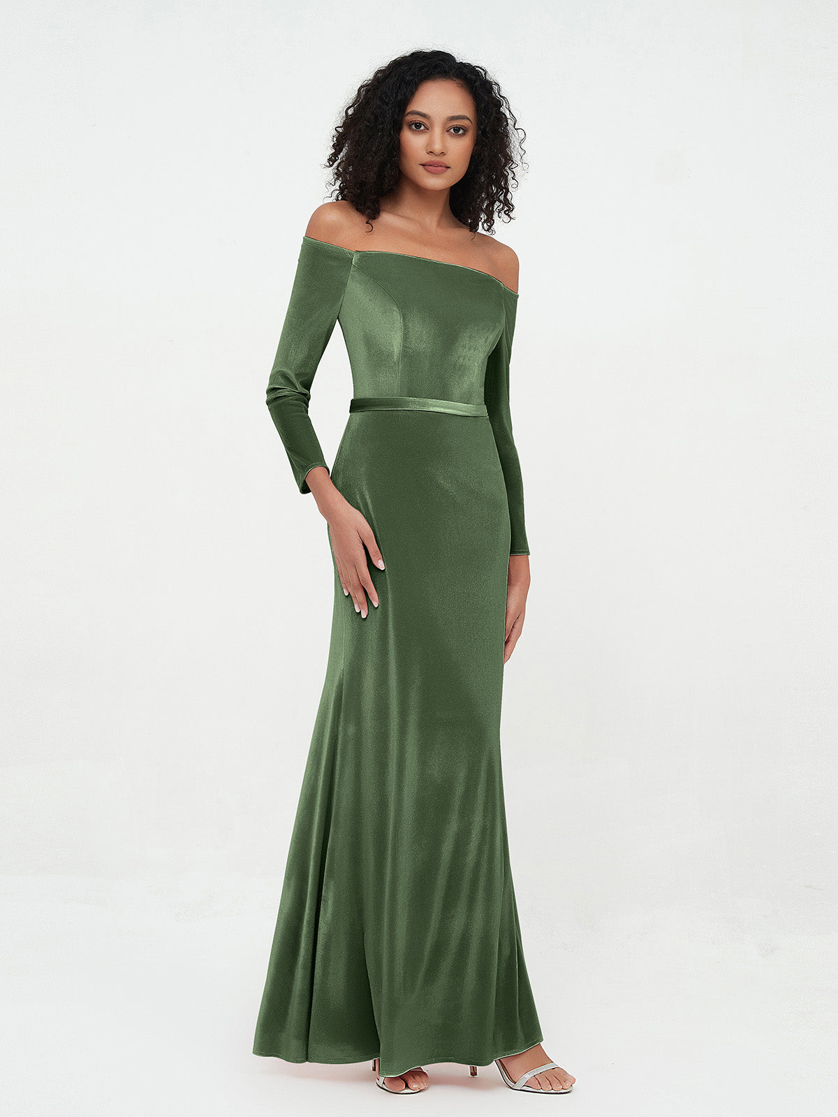 strapless open back dress BABARONI Velvet Olive Green Bridesmaid Dresses Sheath/Column  Off-the-shoulder Floor-length Long Sleeve – BABARONI UK