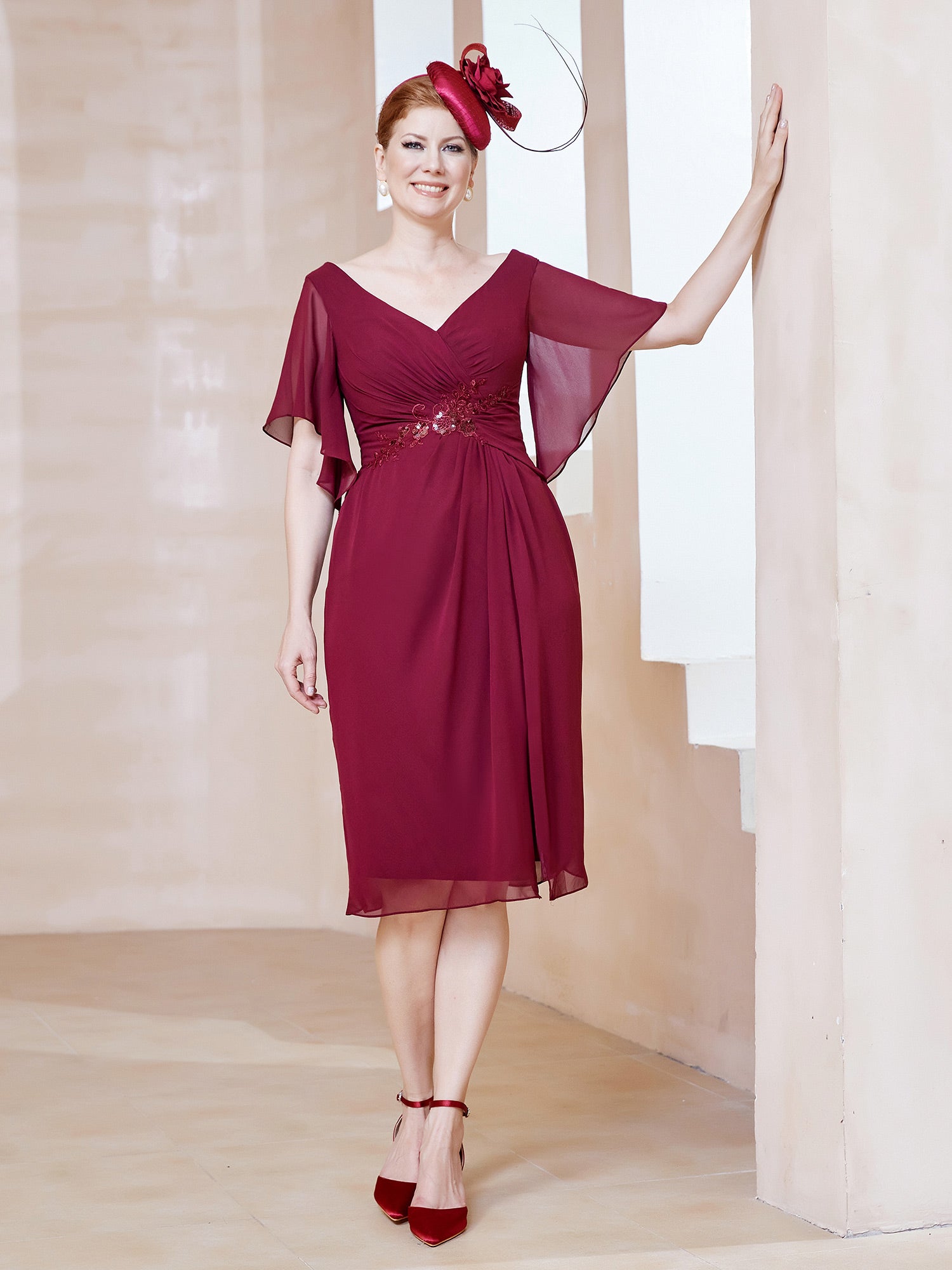 BABARONI Chiffon Burgundy Mother of the Bride Dresses A-line V-neck  Knee-length Flutter Sleeves  BABARONI UK