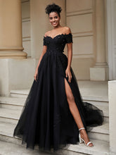 A-Line Lace Sweep Train Wedding Dress Black