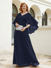 Flutter Sleeves V-neck Floor-length Beaded Dress Dark Navy