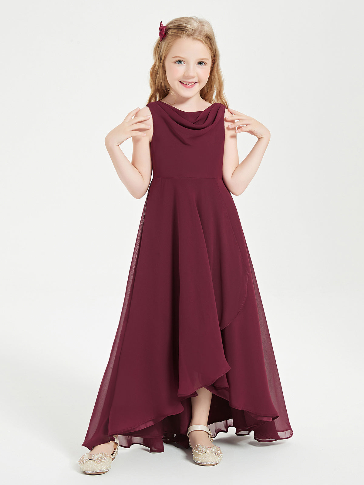 BABARONI Chiffon Cabernet Junior Bridesmaid Dresses A-line Cowl Neck  Asymmetrical Ruffles – BABARONI UK