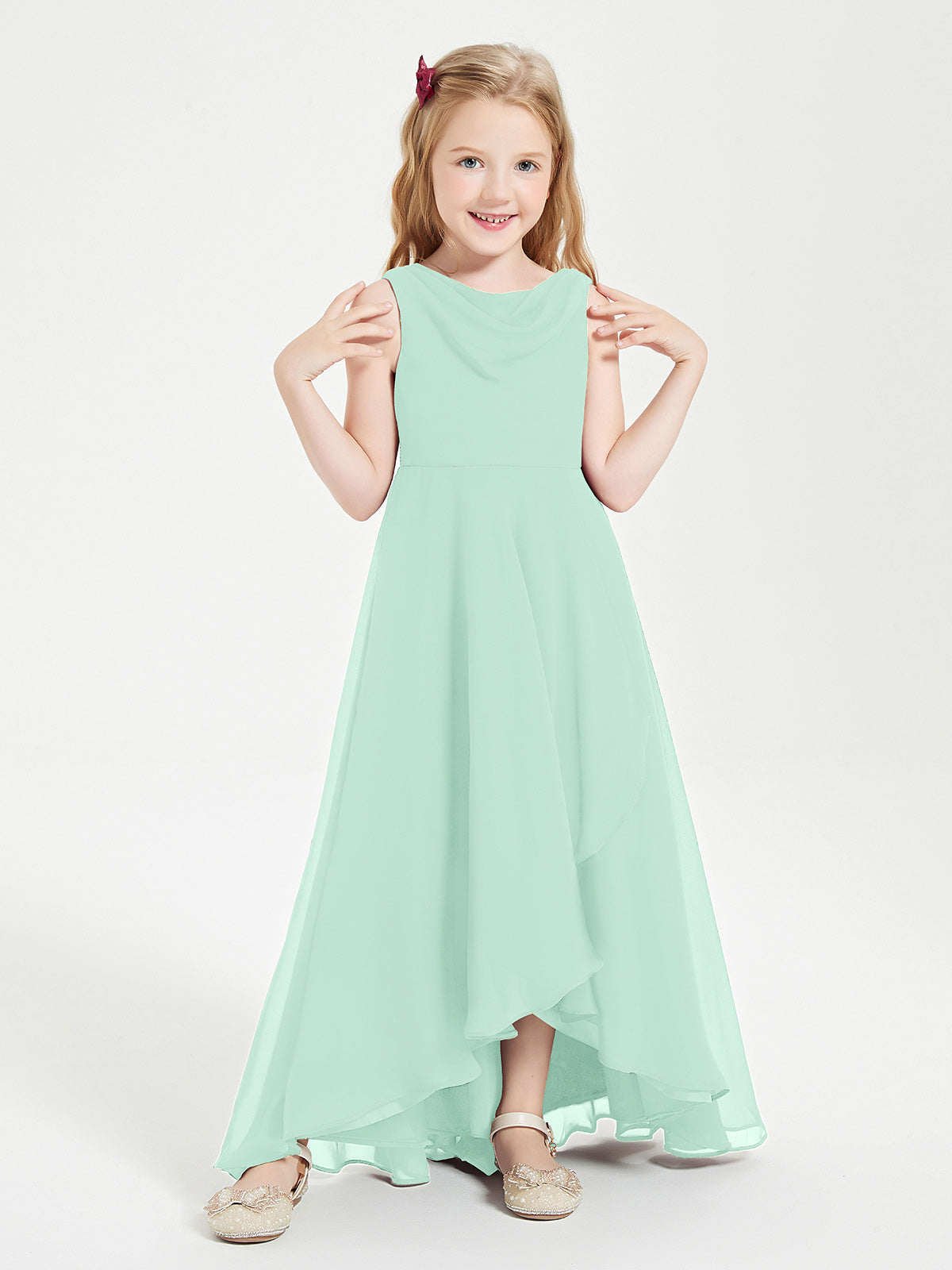 BABARONI Chiffon Mint Green Junior Bridesmaid Dresses A-line Cowl Neck Asymmetrical Ruffles BABARONI UK BABARONI Chiffon Mint Green Junior Bridesmaid Dresses A-line Cowl Neck Asymmetrical Ruffles BABARONI UK