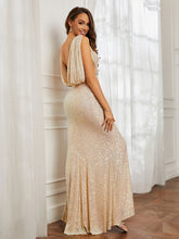 Rhinestone Decor Plunging V-neck Backless Sequins Dress Champagne