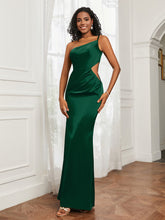 One Shoulder Stretch Satin Floor-Length Dress Dark Green