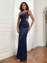 One Shoulder Stretch Satin Floor-Length Dress Dark Navy