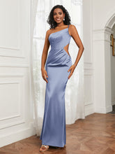 One Shoulder Stretch Satin Floor-Length Dress Dusty Blue