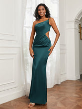 One Shoulder Stretch Satin Floor-Length Dress Peacock