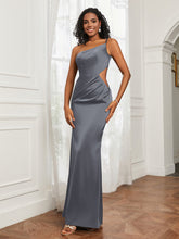 One Shoulder Stretch Satin Floor-Length Dress Steel Grey